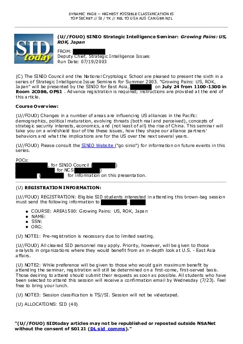 2003-07-19 SIDToday - SINIO Strategic Intelligence Seminar Growing Pains US ROK Japan