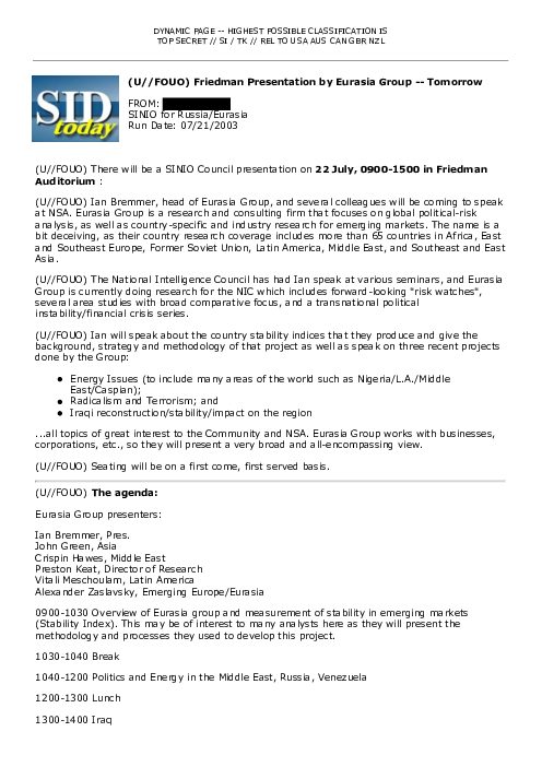 2003-07-21 SIDToday - Friedman Presentation by Eurasia Group -- Tomorrow