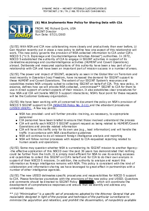2003-07-21 SIDToday - NSA Implements New Policy for Sharing Data with CIA
