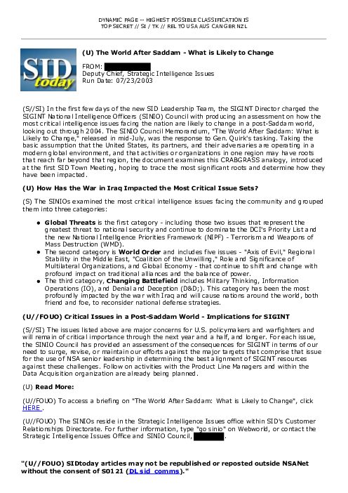 2003-07-23 SIDToday - The World After Saddam - What is Likely to Change