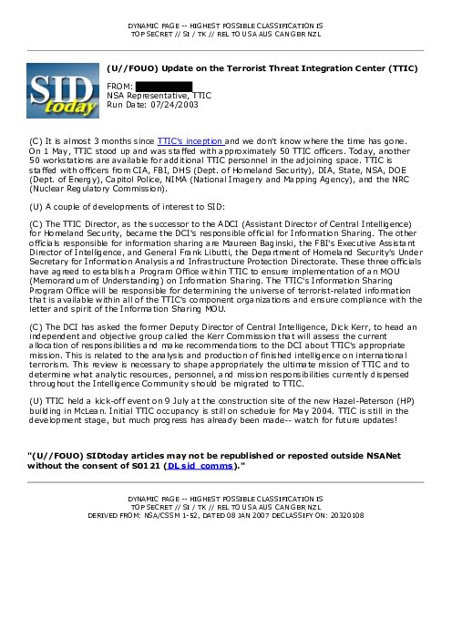 2003-07-24 SIDToday - Update on the Terrorist Threat Integration Center TTIC
