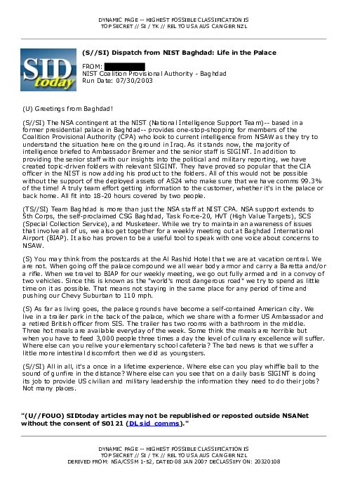 2003-07-30 SIDToday - Dispatch from NIST Baghdad Life in the Palace