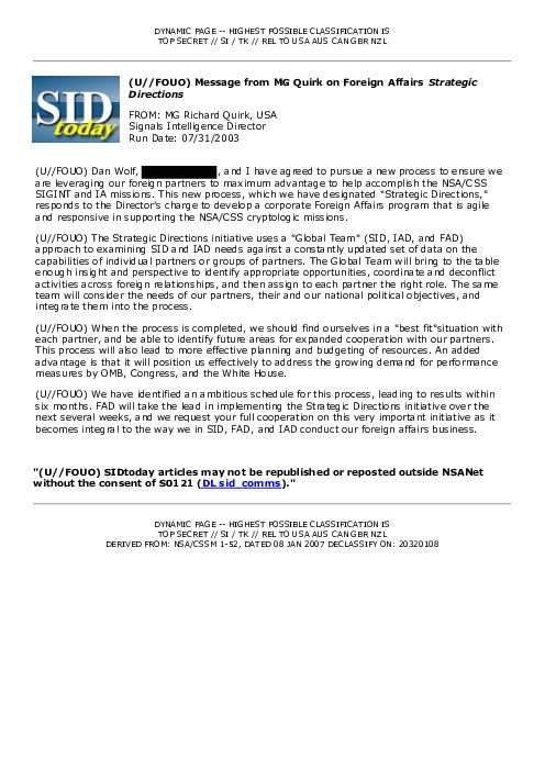 2003-07-31 SIDToday - Message from MG Quirk on Foreign Affairs Strategic Directions