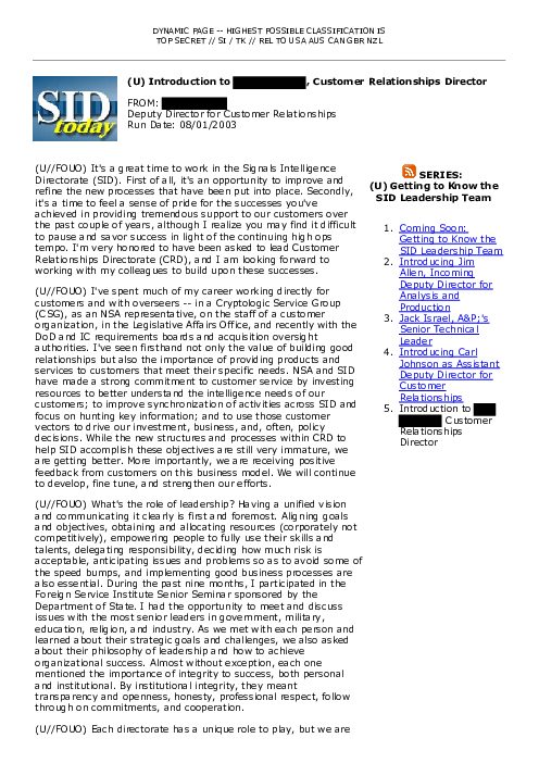 2003-08-01 SIDToday - Introduction to REDACTED Customer Relationships Director