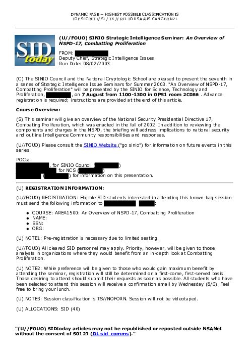 2003-08-02 SIDToday - SINIO Strategic Intelligence Seminar An Overview of NSPD-17 Combatting Proliferation
