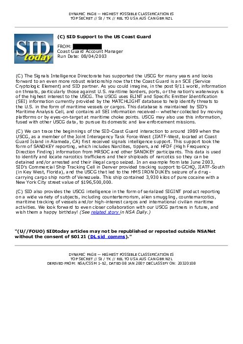 2003-08-04 SIDToday - SID Support to the US Coast Guard