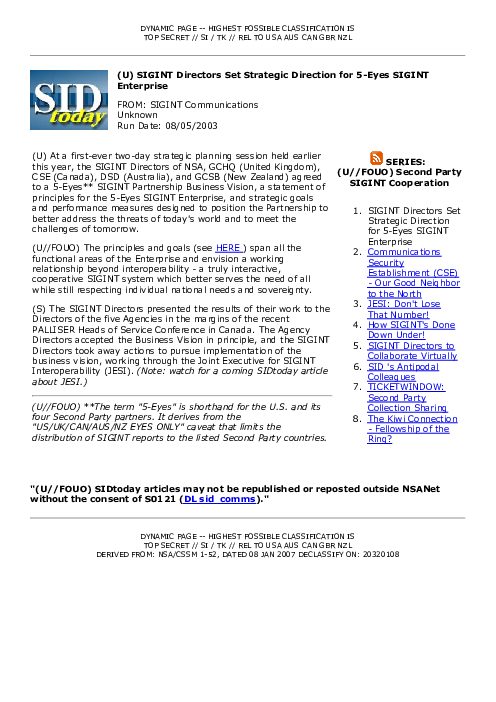 2003-08-05 SIDToday - SIGINT Directors Set Strategic Direction for 5-Eyes SIGINT Enterprise