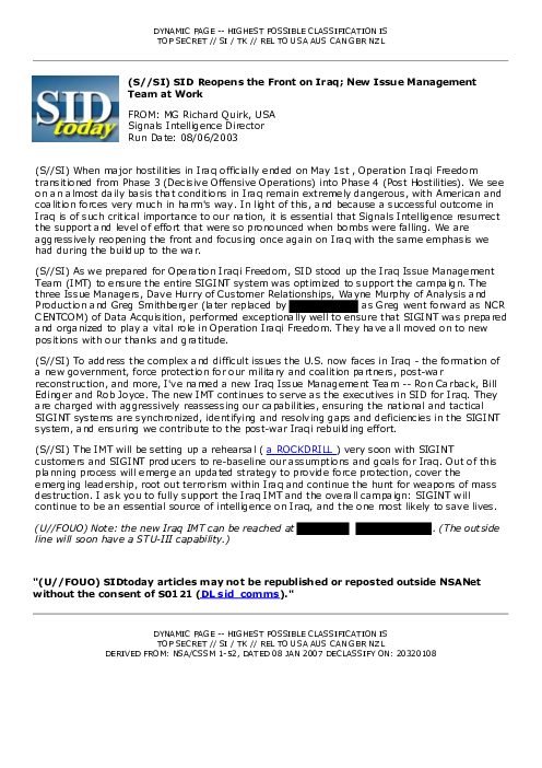 2003-08-06 SIDToday - SID Reopens the Front on Iraq New Issue Management Team at Work