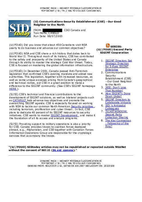 2003-08-07 SIDToday - Communications Security Establishment CSE - Our Good Neighbor to the North