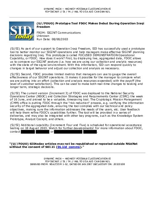 2003-08-08 SIDToday - Prototype Tool FDOC Makes Debut During Operation Iraqi Freedom
