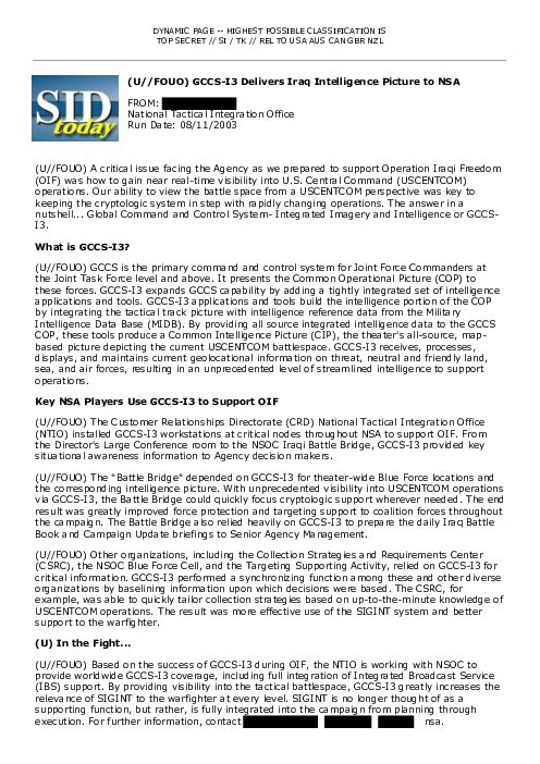 2003-08-11 SIDToday - GCCS-I3 Delivers Iraq Intelligence Picture to NSA