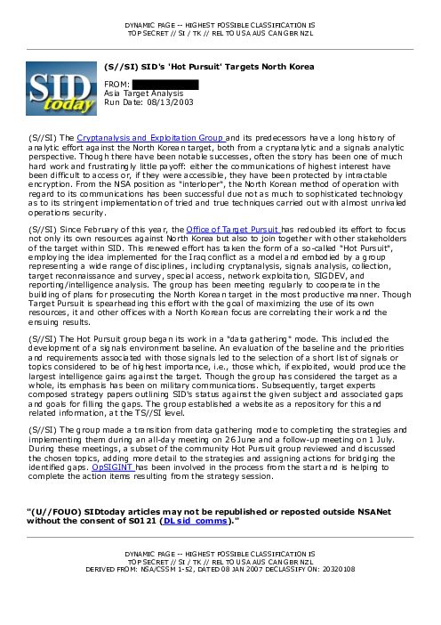 2003-08-13 SIDToday - SIDs Hot Pursuit Targets North Korea