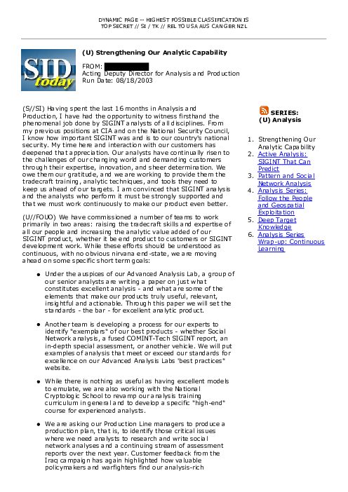2003-08-18 SIDToday - Strengthening Our Analytic Capability