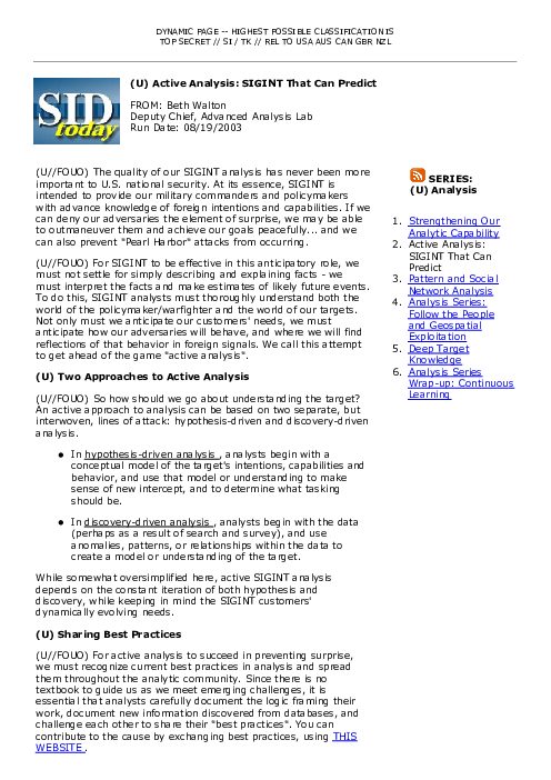 2003-08-19 SIDToday - Active Analysis SIGINT That Can Predict