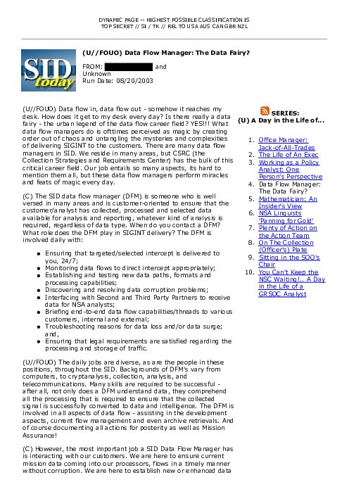 2003-08-20 SIDToday - Data Flow Manager The Data Fairy