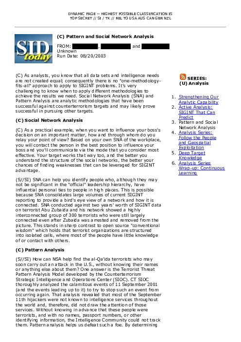 2003-08-20 SIDToday - Pattern and Social Network Analysis