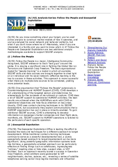 2003-08-21 SIDToday - Analysis Series Follow the People and Geospatial Exploitation