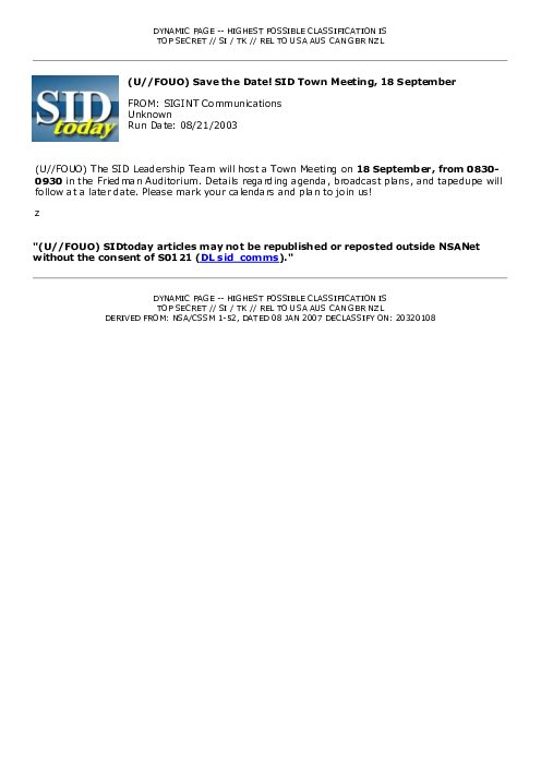 2003-08-21 SIDToday - Save the Date SID Town Meeting 18 September