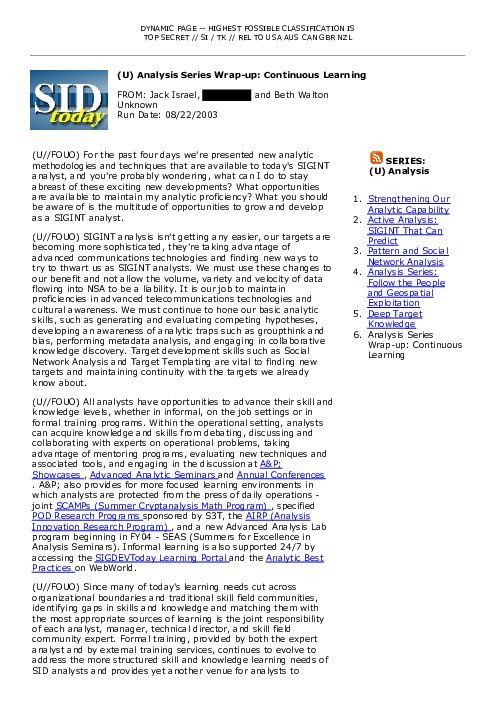 2003-08-22 SIDToday - Analysis Series Wrap-up Continuous Learning