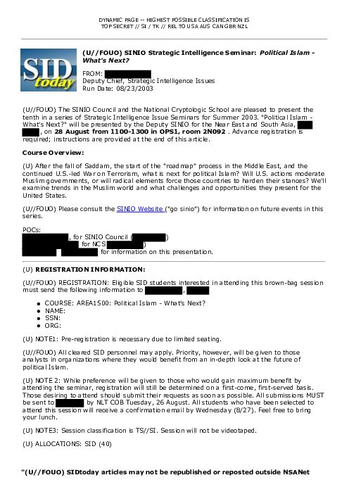 2003-08-23 SIDToday - SINIO Strategic Intelligence Seminar Political Islam - Whats Next