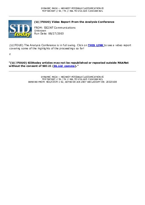 2003-08-27 SIDToday - Video Report From the Analysis Conference
