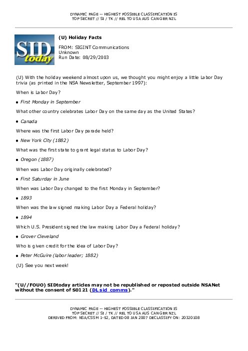 2003-08-29 SIDToday - Holiday Facts