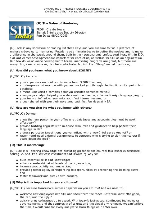 2003-08-29 SIDToday - The Value of Mentoring