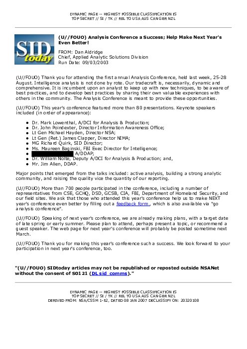 2003-09-03 SIDToday - Analysis Conference a Success Help Make Next Years Even Better