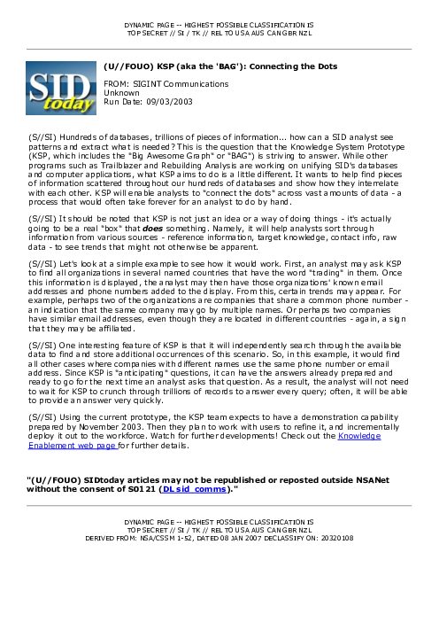 2003-09-03 SIDToday - KSP aka the BAG Connecting the Dots