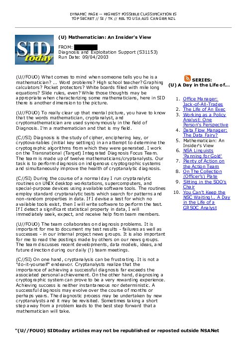 2003-09-04 SIDToday - Mathematician An Insiders View