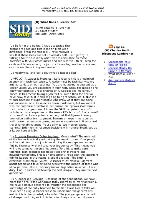 2003-09-04 SIDToday - What Does a Leader Do