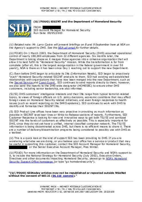 2003-09-05 SIDToday - SIGINT and the Department of Homeland Security
