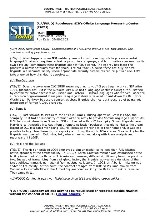 2003-09-08 SIDToday - Rodehouse SIDs Offsite Language Processing Center Part I