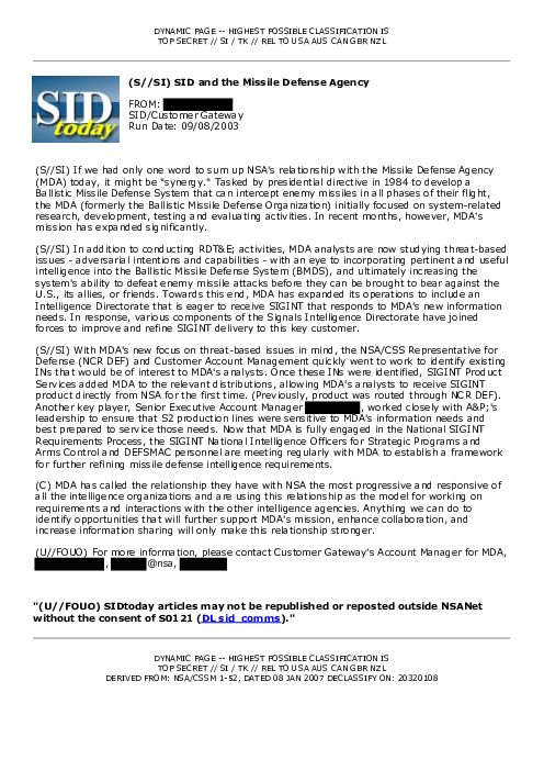 2003-09-08 SIDToday - SID and the Missile Defense Agency