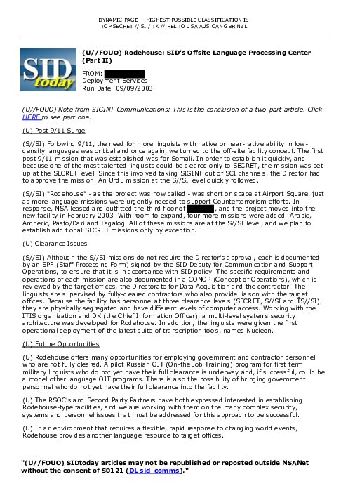2003-09-09 SIDToday - Rodehouse SIDs Offsite Language Processing Center Part II