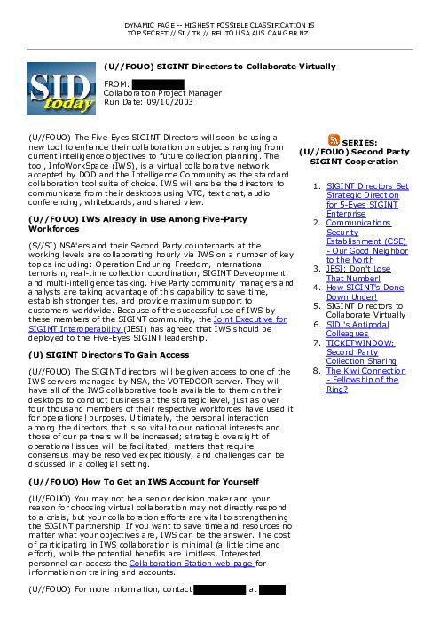 2003-09-10 SIDToday - SIGINT Directors to Collaborate Virtually