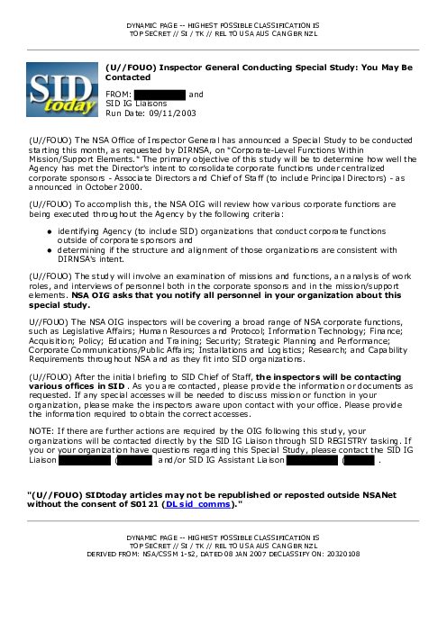 2003-09-11 SIDToday - Inspector General Conducting Special Study You May Be Contacted