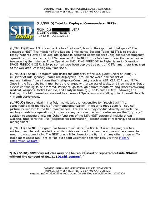 2003-09-11 SIDToday - Intel for Deployed Commanders NISTs