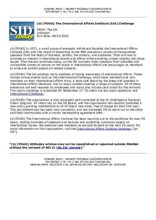 2003-09-12 SIDToday - The International Affairs Institute IAI Challenge