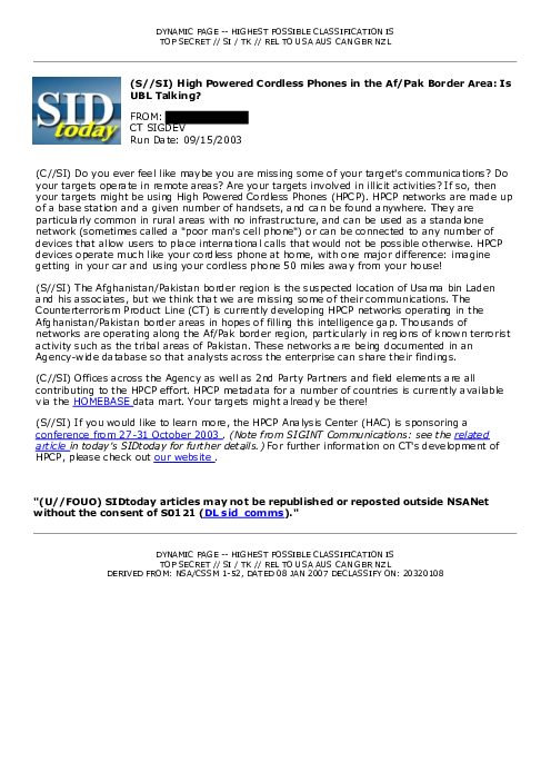 2003-09-15 SIDToday - High Powered Cordless Phones in the AfPak Border Area Is UBL Talking