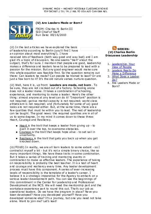 2003-09-16 SIDToday - Are Leaders Made or Born