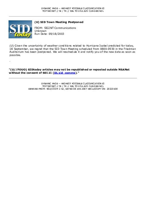 2003-09-18 SIDToday - SID Town Meeting Postponed