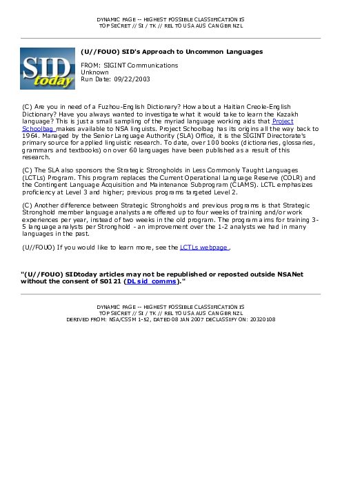 2003-09-22 SIDToday - SIDs Approach to Uncommon Languages