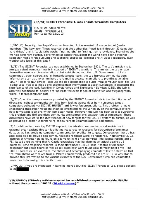 2003-09-22 SIDToday - SIGINT Forensics A Look Inside Terrorists Computers