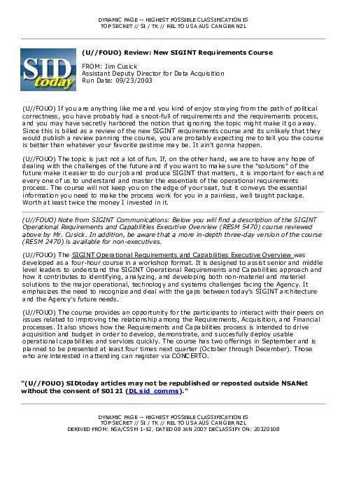 2003-09-23 SIDToday - Review New SIGINT Requirements Course