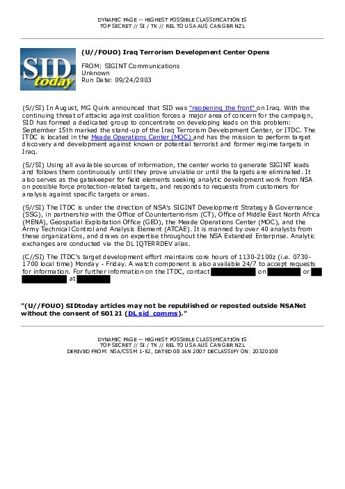 2003-09-24 SIDToday - Iraq Terrorism Development Center Opens