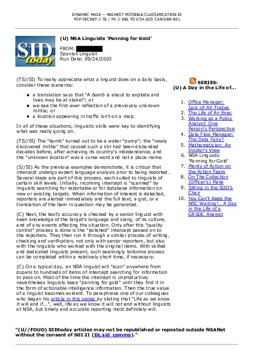 2003-09-24 SIDToday - NSA Linguists Panning for Gold