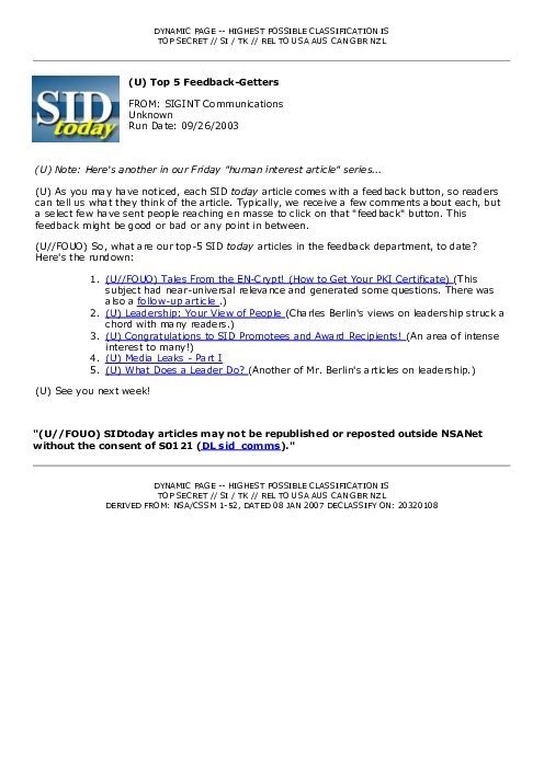 2003-09-26 SIDToday - Top 5 Feedback-Getters