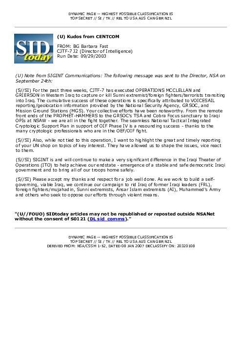 2003-09-29 SIDToday - Kudos from CENTCOM