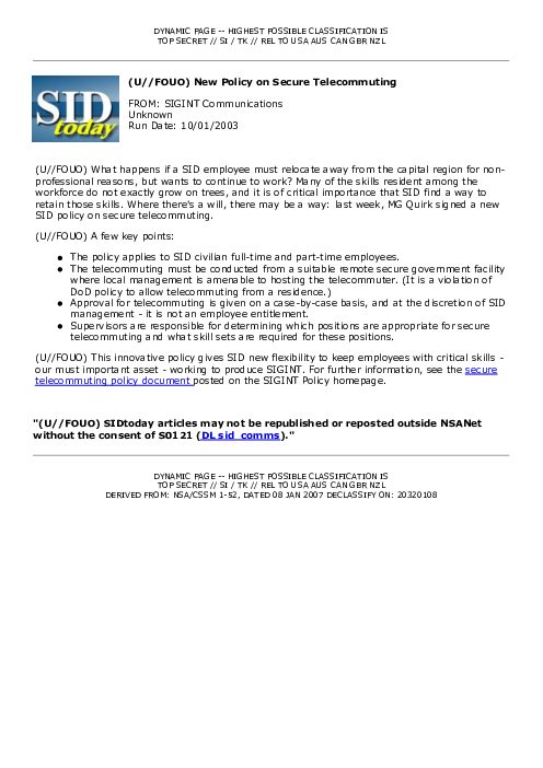 2003-10-01 SIDToday - New Policy on Secure Telecommuting